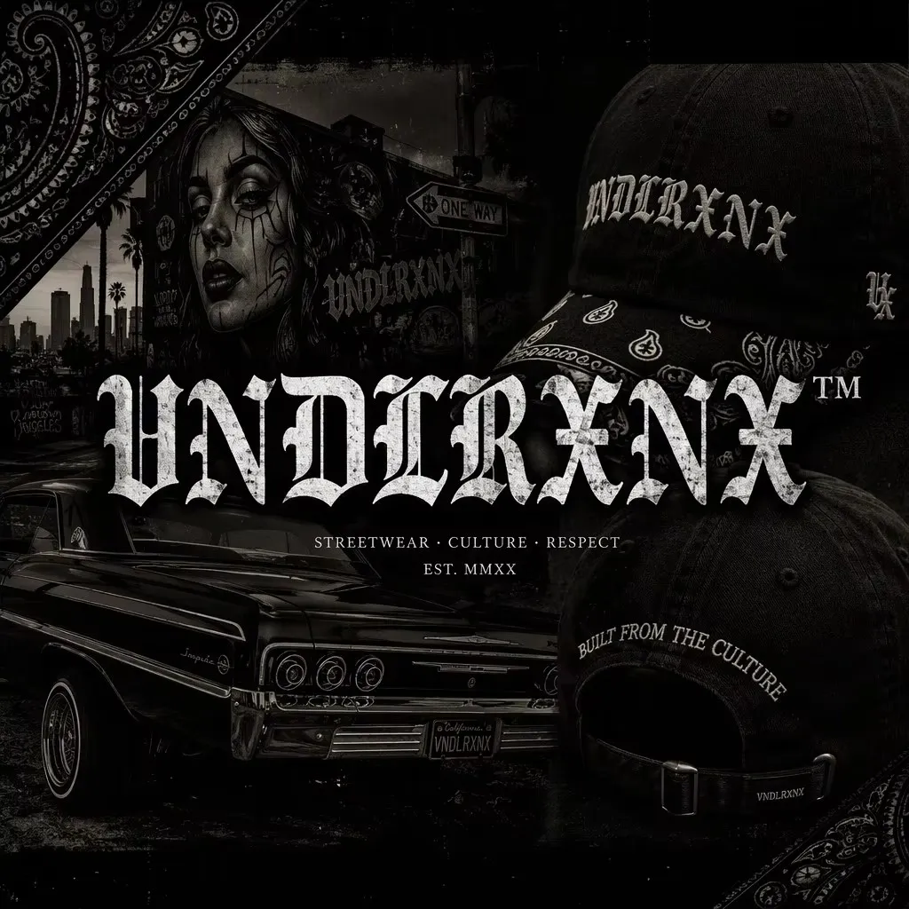 VNDLRXNX streetwear culture poster: gothic lettering over a lowrider, Chicano mural, and vintage caps — Streetwear · Culture · Respect, Est. MMXX.