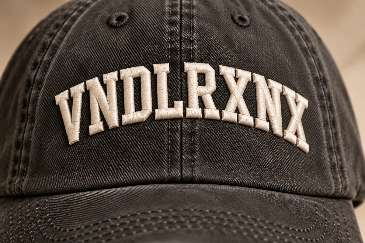 Concept close-up of raised VNDLRXNX 3D puff embroidery and satin stitches