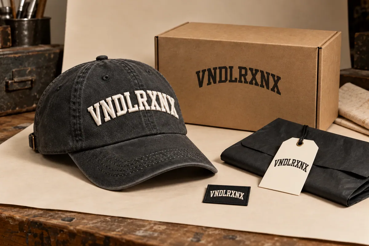 Concept cap with VNDLRXNX 3D embroidery and matching labels, hangtag and kraft packaging