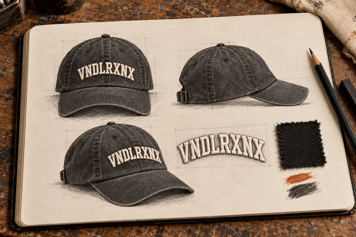 Concept sketch of a charcoal cap with bone-white VNDLRXNX 3D embroidery
