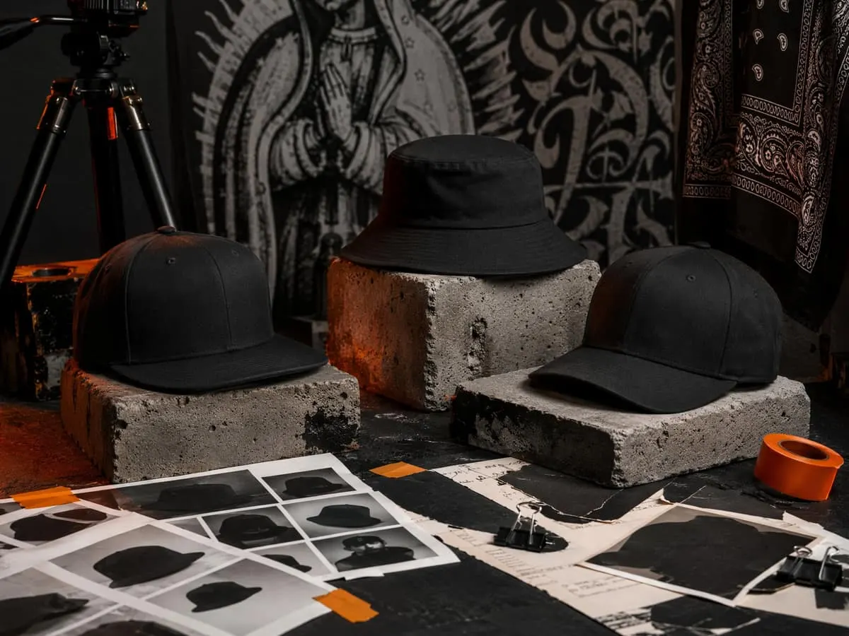 Unbranded caps arranged for a dark streetwear lookbook shoot.