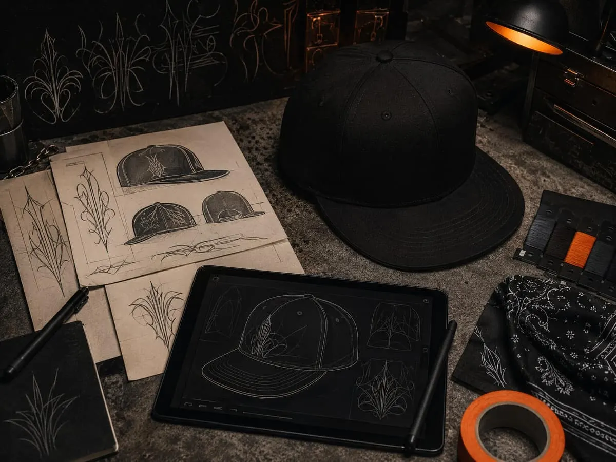 Unbranded black cap, design sketches, and a pen display on a dark workbench.