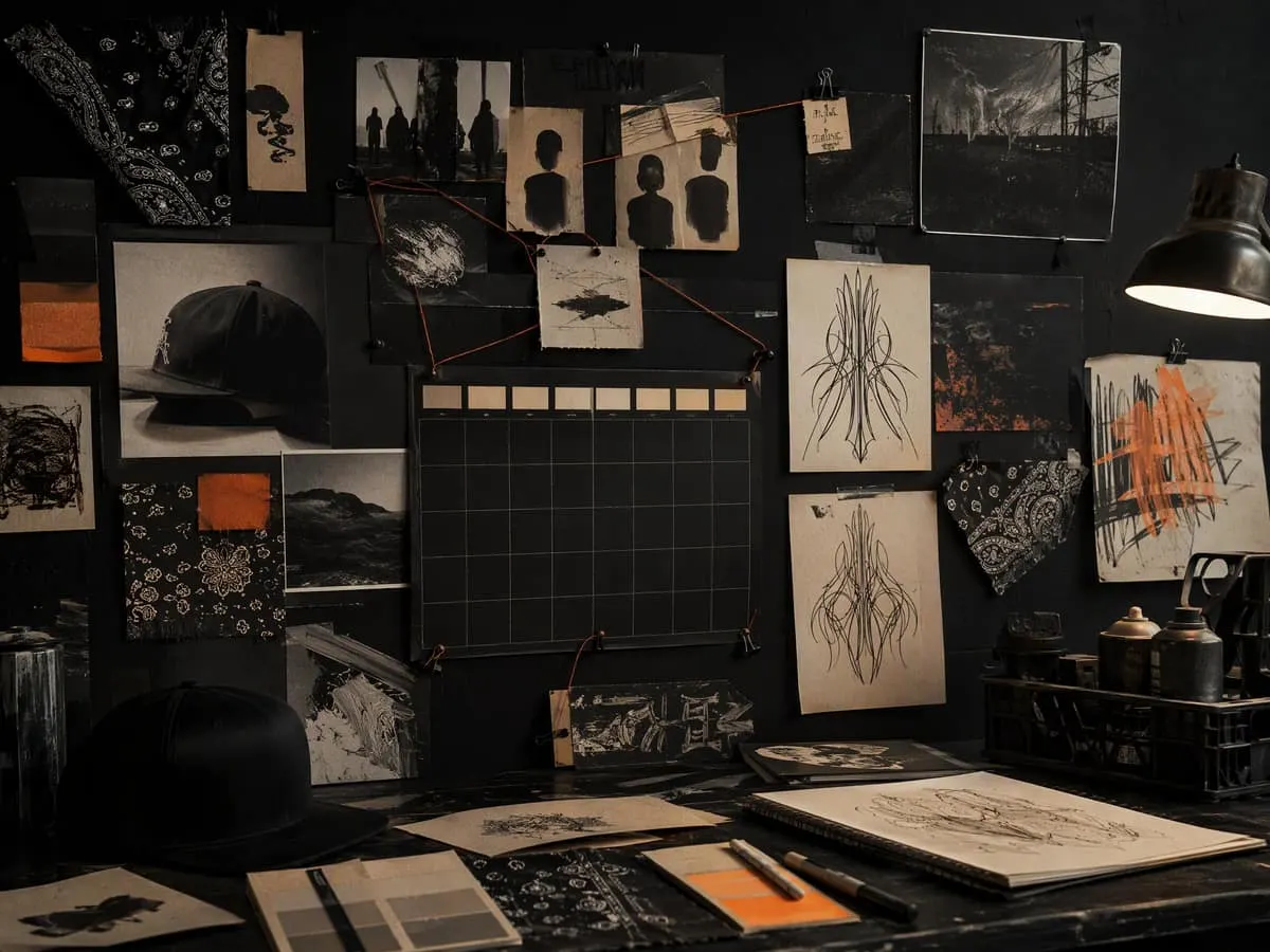 Streetwear campaign moodboard with cap imagery and Chicano-inspired visual references.
