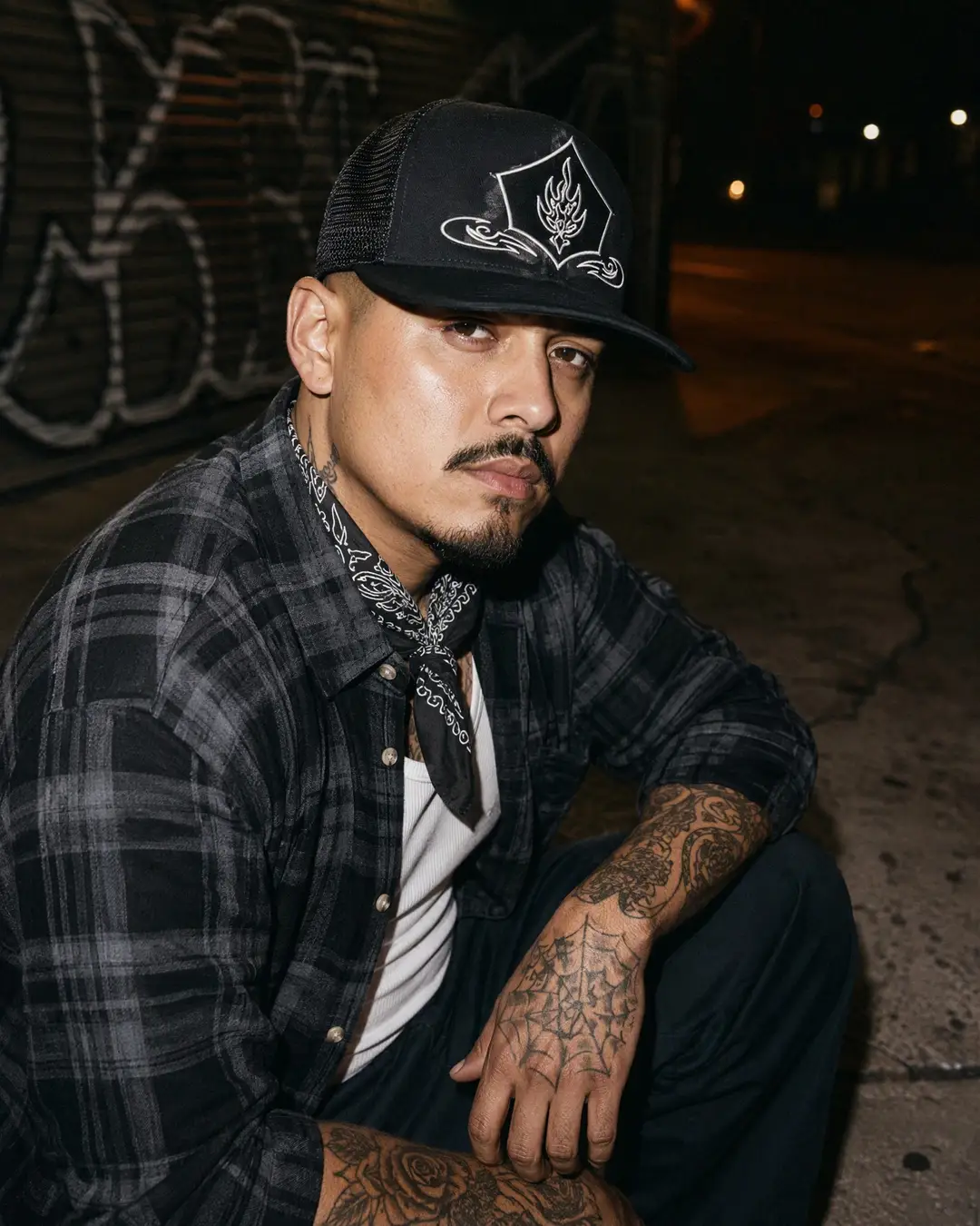 Fictional model wearing a mesh-back trucker hat with original ornamental embroidery.